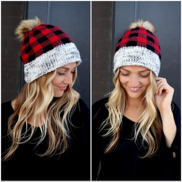 JUST FOR WARMTH BUFFALO PLAID BEANIE-RED - Picture 2 of 5